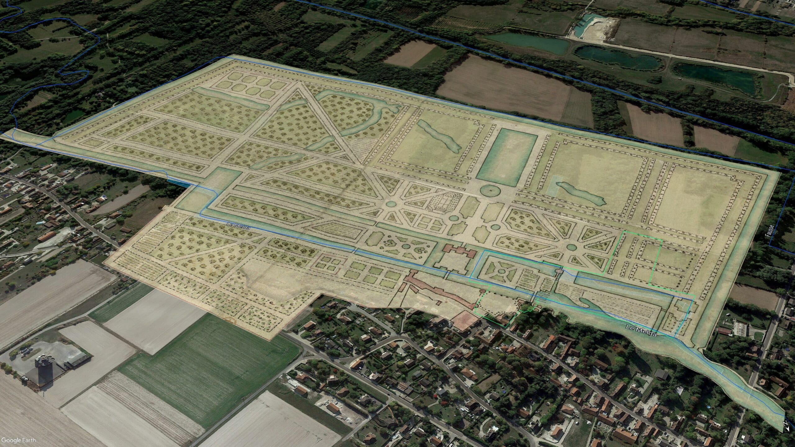 La superposition d’une vue aérienne et d’un plan du XVII e siècle montre toute l’ ampleur du parc et du château de Saint-Sépulcre puis de Villacerf . @Marc THONON