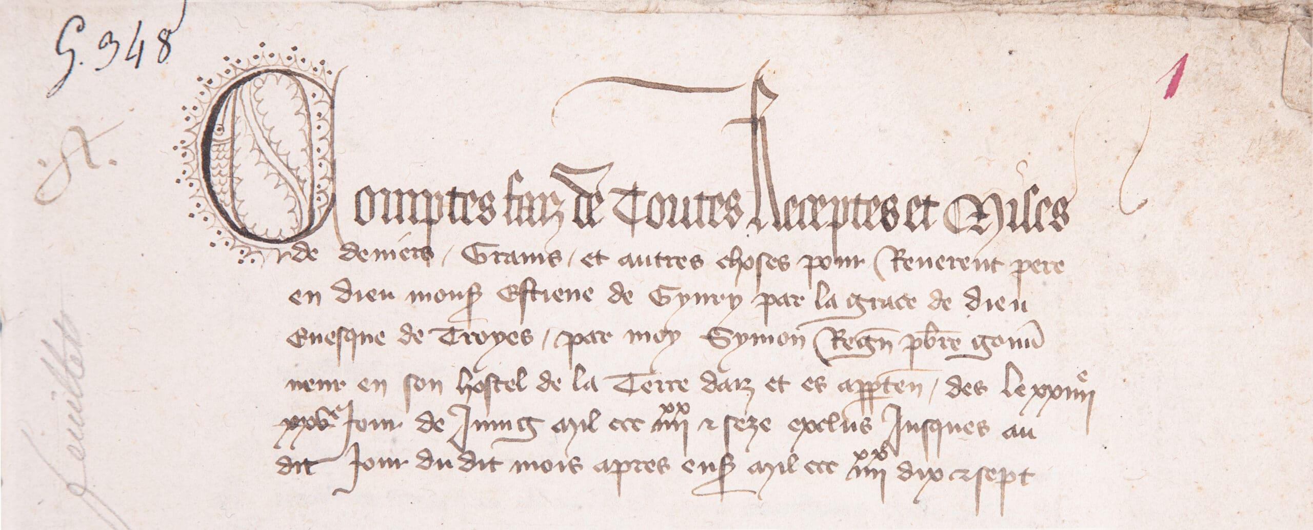 -	Une vue détaillée du premier folio du registre temporel d’Aix-en-Othe de 1396, G 348. Détail sur le premier paragraphe