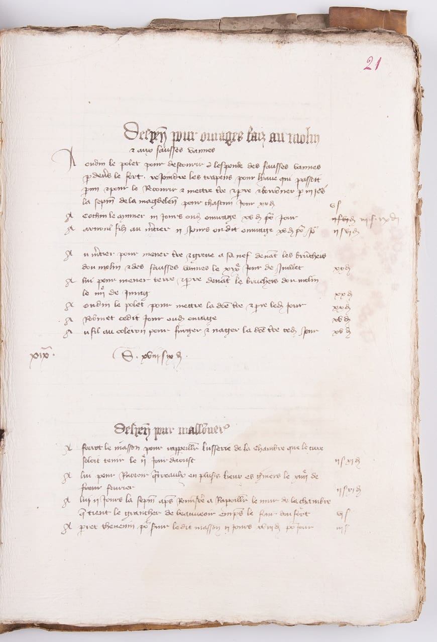 Compte temporel de la terre et appartenances de l’évêque de Troyes à Saint-Lyé, 1385 (Arch. dép. Aube G 412, fol. 21)